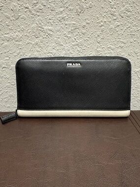 Prada Black and White Saffiano Zip Wallet